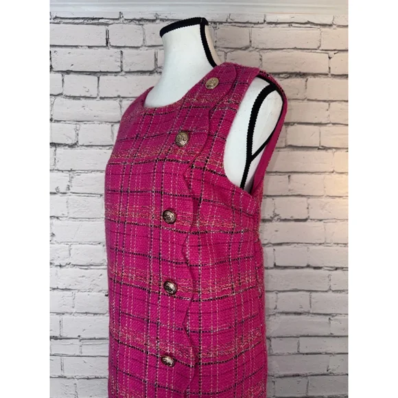 Entro Pink Plaid Tweed Scalloped Mini Dress 1990’s Y2K Gold Buttons size Large - Picture 3 of 10